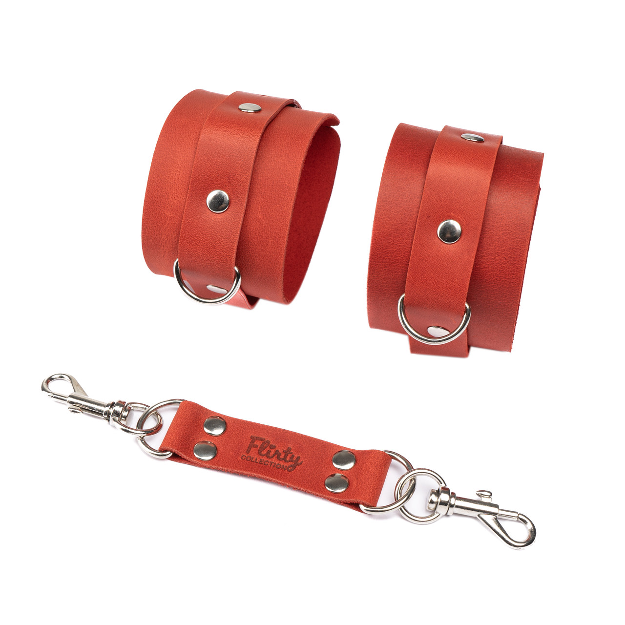 Наручники на двох карабінах БДСМ із натуральної шкіри червоного кольору Flirty Leather Кайф, фото 1