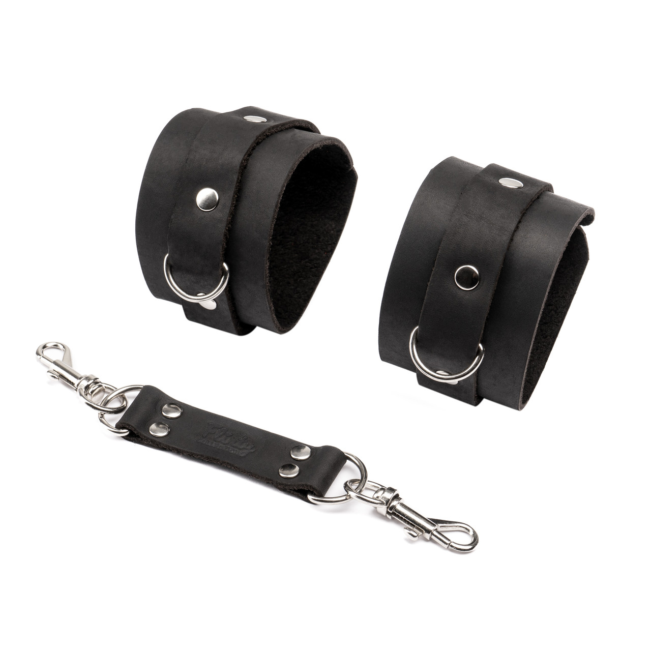 Наручники на двох карабінах БДСМ із натуральної шкіри чорного кольору Flirty Leather Кайф, фото 1