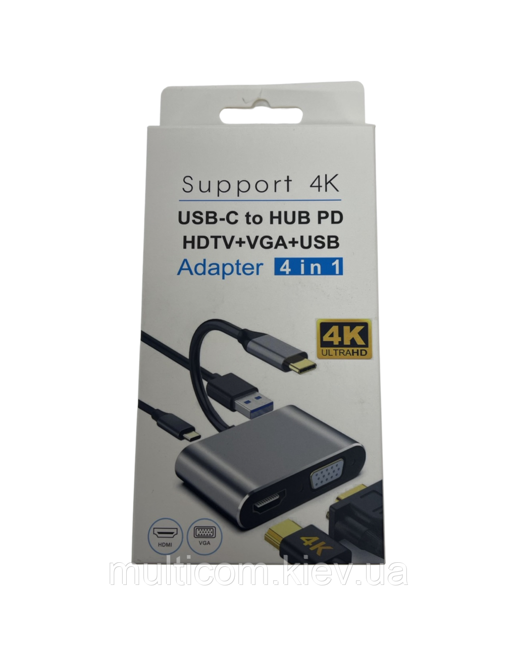 03-02-263. Адаптер USB type C → (гнідо HDMI + гніздо VGA + гніздо USB ver. 3.0), зі шнуром 15 см