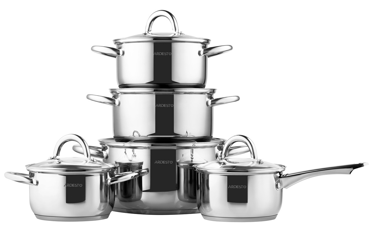 Набір каструль Ardesto Gemini Gourmet Andria із нержавіючої сталі із скляними кришками 10 предметів