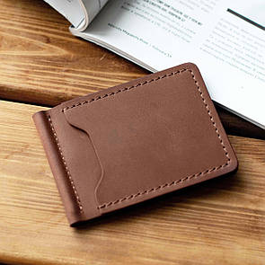 Затискач для грошей та карт з натуральної шкіри ручної роботи Simple коньячний. Купюр для грошей гаманець