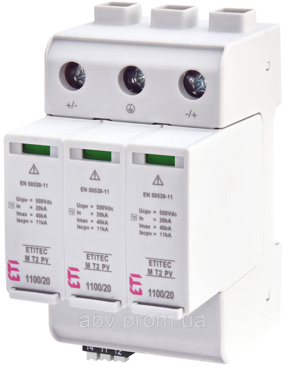 ETITEC M T2 PV 1100/20 Y RC Разрядник для сонячних систем 8/20 кА 1100VDC із сигналізацією спрацьовування, фото 1