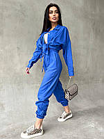 Женский легкий льняной костюм двойка рубашка и штаны (бежевый, оранжевый, малиновый, синий, зеленый) Синий,