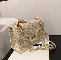 Новинка! Модная женская соломенная сумка клатч с бусинами, мини сумочка плетеная
