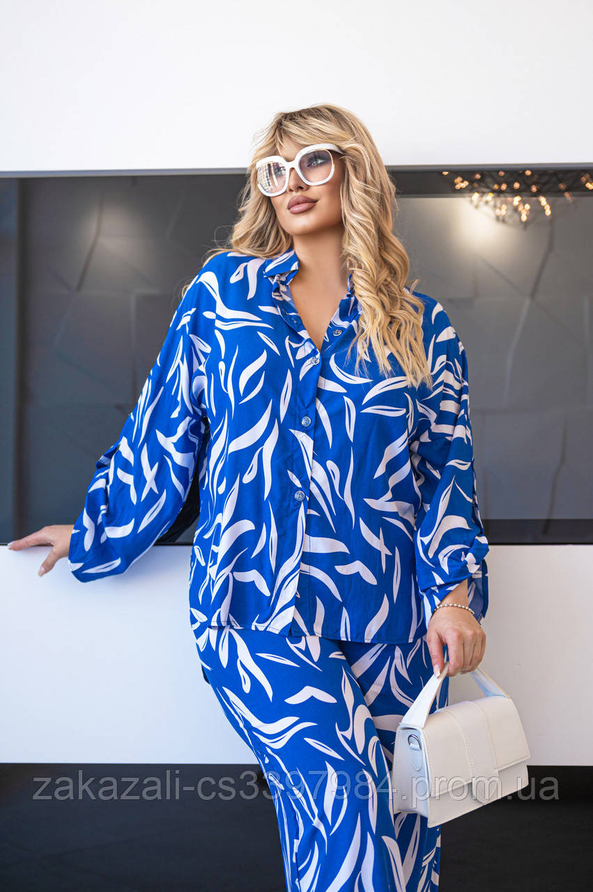 📌 Жіночий літній костюм вільного крою, зі штапелю, великого розміру | Комплект сорочка та штани | Батал, фото 1