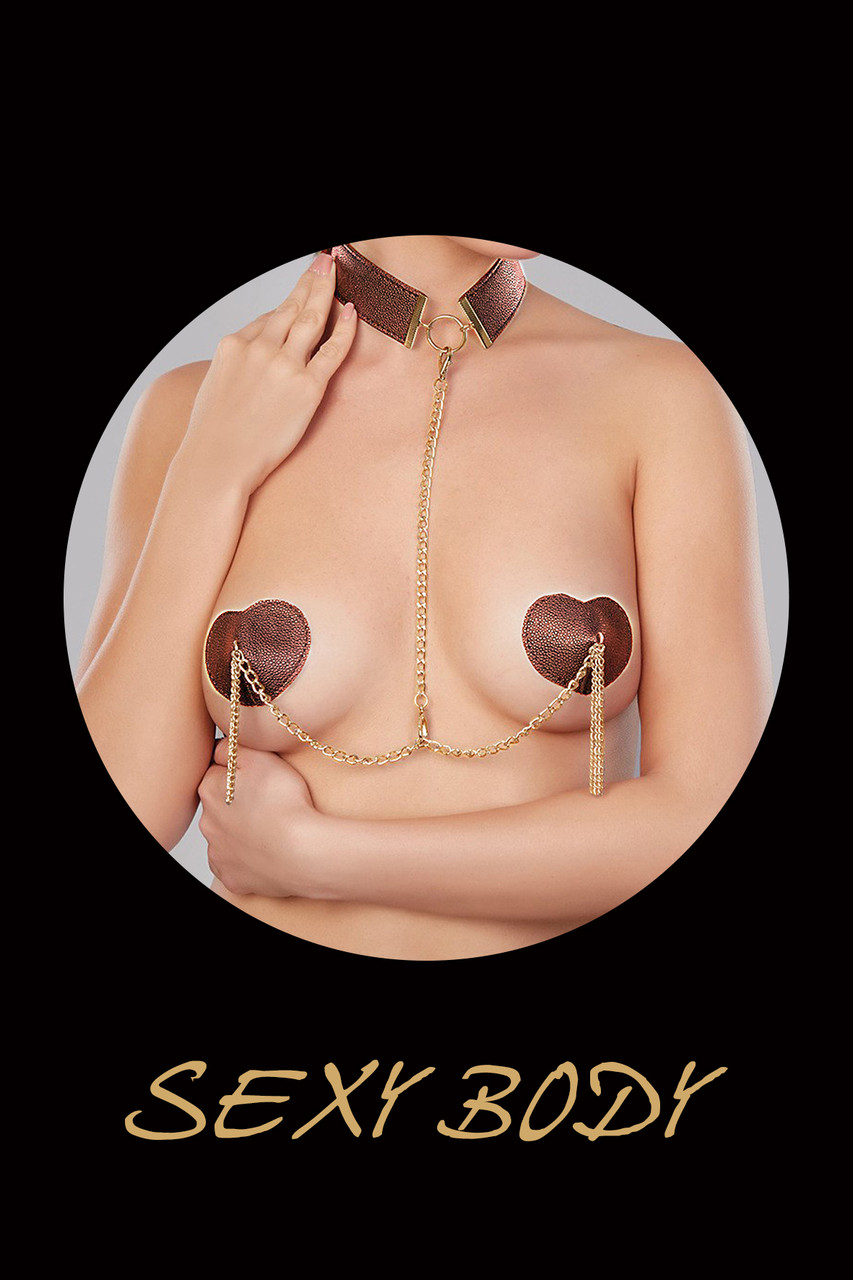 Сексуальні пестиси серця з чокером та металевими пензликами коричневого кольору JSY Talla, фото 1