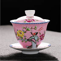 Гайвань, керамической гайвань Песни птиц розовый 150мл посуда из трех предметов,чашки, крышечки и блюдца