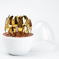 LUGI Набор столовых приборов золотых на 6 персон из нержавеющей стали 24 штуки с подставкой "Яйцо" Белый