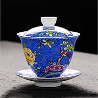 Гайвань, керамической гайвань Песни птиц синий 150мл посуда из трех предметов,чашки, крышечки и блюдца
