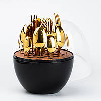 LUGI Набор столовых приборов на 6 персон из нержавеющей стали 24 штуки золотых с подставкой "Яйцо" Черный
