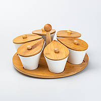 LUGI Набор керамических баночек для приправ с ложкой и бамбуковой крышкой 6 шт