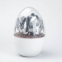 LUGI Набор столовых приборов на 6 персон из нержавеющей стали 24 штуки с подставкой "Яйцо" Белый