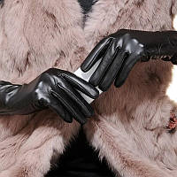 Женские чёрные перчатки - длина 36см, окружность ладони без большого пальца 18-20см, экокожа