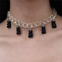 Ожерелье с мармеладными мишками, цвет черный - длина 30см (+9см), смола, цинковый сплав, пластик