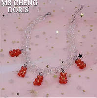 Ожерелье с мишками, цвет коралловый - длина 30см (+9см), смола, цинковый сплав, пластик