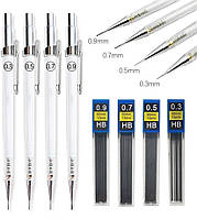 Набір механічних олівців 0,3, 0,5, 0,7 та 0,9 мм автоматичних та грифелі стрижні