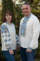 Чоловіча молочна вишиванка з синьо-золотим орнаментом зоряного неба льон S–4XL, фото 4