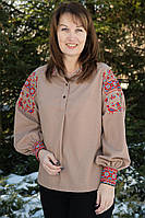 Бежевая женская рубашка с вышивкой, Блузка бежевая большой размер, Дизайнерские вышиванки, L