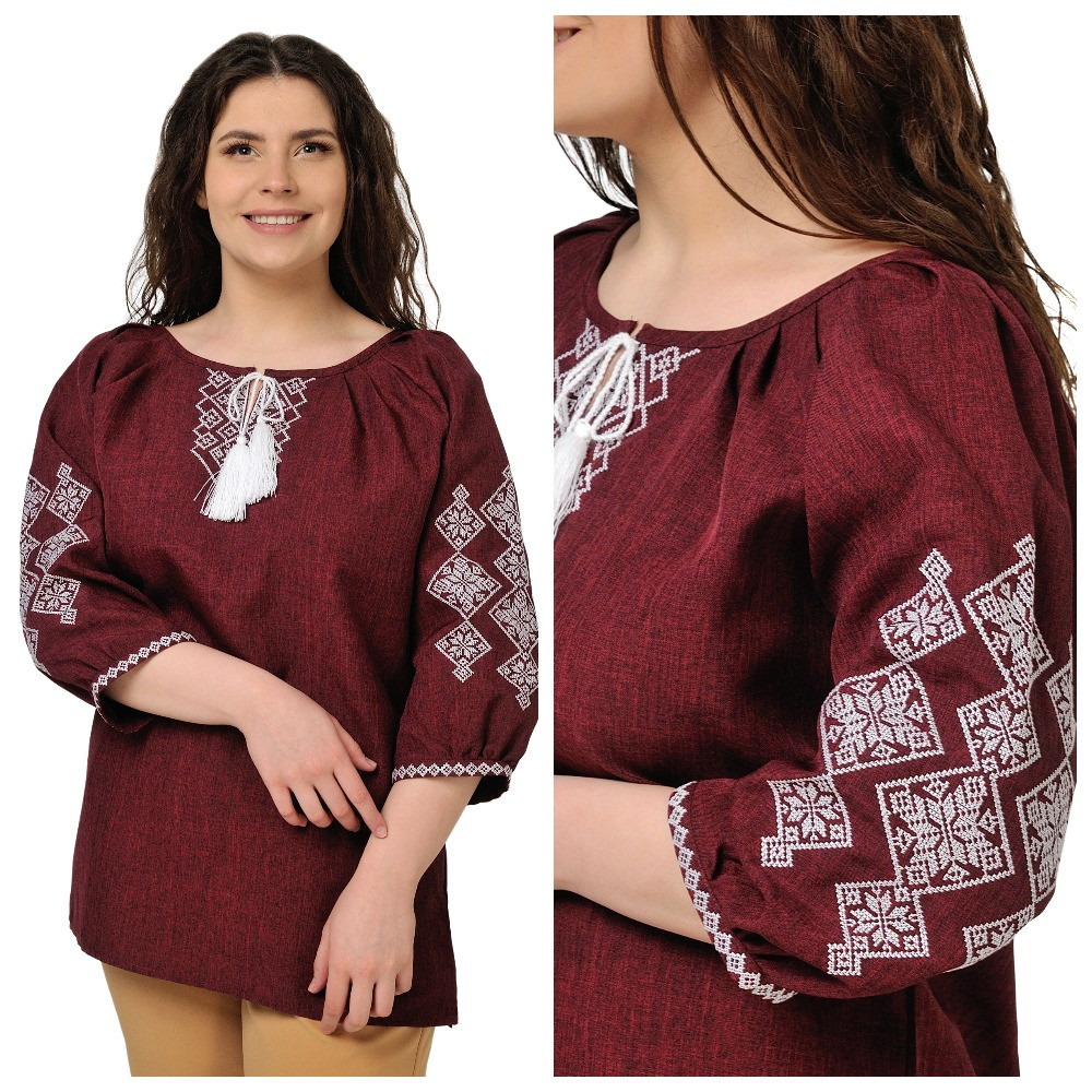 Жіноча вишиванка "Слобожаночка" рукав 3/4 (бордовий), розміри 48,50