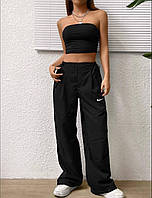 ШОК! Женский костюм двойка черный топ и свободные карго штаны плащевка размер универсальный 42-46