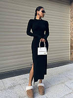ШОК! Женское платье макси с длинным рукавом с разрезом на ноге до бедра в рубчик черный мокко универсальный