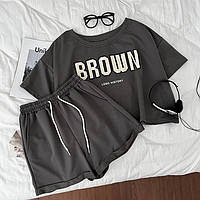 ВАУ! Женский костюм укороченная футболка оверсайз и шорты на высокой посадке на завязках графит серый 42/46