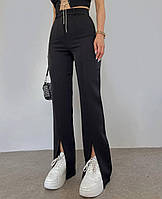 ВАУ! Женские однотонные штаны с разрезами черные брюки на пуговице размер: 42-44, 46-48