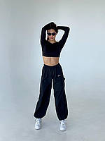 ВАУ! Женские базовые штаны карго с боковыми карманами с затяжками (черный, серый, хаки); размер: 42-46