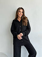 ВАУ! Женский стильный костюм оверсайз рубашка на пуговицах и штаны палаццо черный графит размеры S M L