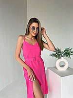 ШОК! Женское яркое платье на бретельках с разрезом до бедра с поясом сарафан розовый желтый зеленый размеры S