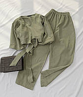 ВАУ! Женский костюм кофточка топ на завязках и штаны брюки палаццо на резинке креп-жатка черный оливка беж