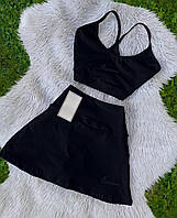 Женский спортивный костюм двойка топ и юбка-шорты черный белый XS-S M-L