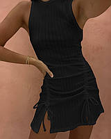 Облегающее мини платье из рубчика мустанг без рукавов с завязками по бокам черное, белое 42-44, 46-48