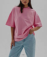 ВАУ! Базовая однотонная женская футболка оверсайз черная, розовая, графитовая, молочная 42-46, 48-50