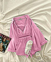 ШОК! Летний костюм тройка топ рубашка и шорты из муслина розовый, голубой, бежевый 42-44, 46-48