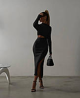 RAY Женский костюм двойка топ с длинными рукавами и юбка миди в рубчик мустанг бежевый, черный, шоколадный