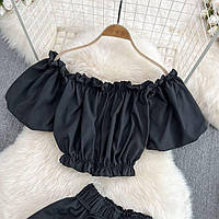 ШОК! Женский костюм двойка стильный топ и шорты ткань легкий софт, черный беж хаки 42/46 универсальный размер