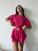 ШОК! Женская пижама в рубчик футболка с удлиненным рукавом + шорты с разрезом (белый, черный, мята) 42-44,