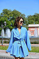 Блакитний жіночий лляний костюм (кімоно та шорти) для повсякденного носіння/ літній жіночий лляний костюм з шортами
