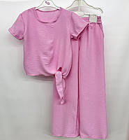 Костюм - двойка детский летний, кофта, брюки палаццо оверсайз,для девочки, однотонный, Розовый, 128-134