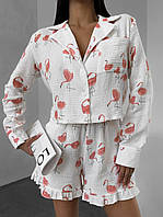 Жіноча піжама натуральний муслін,принт фламінго натуральна тканина, розміри - 42-44 і 44-46