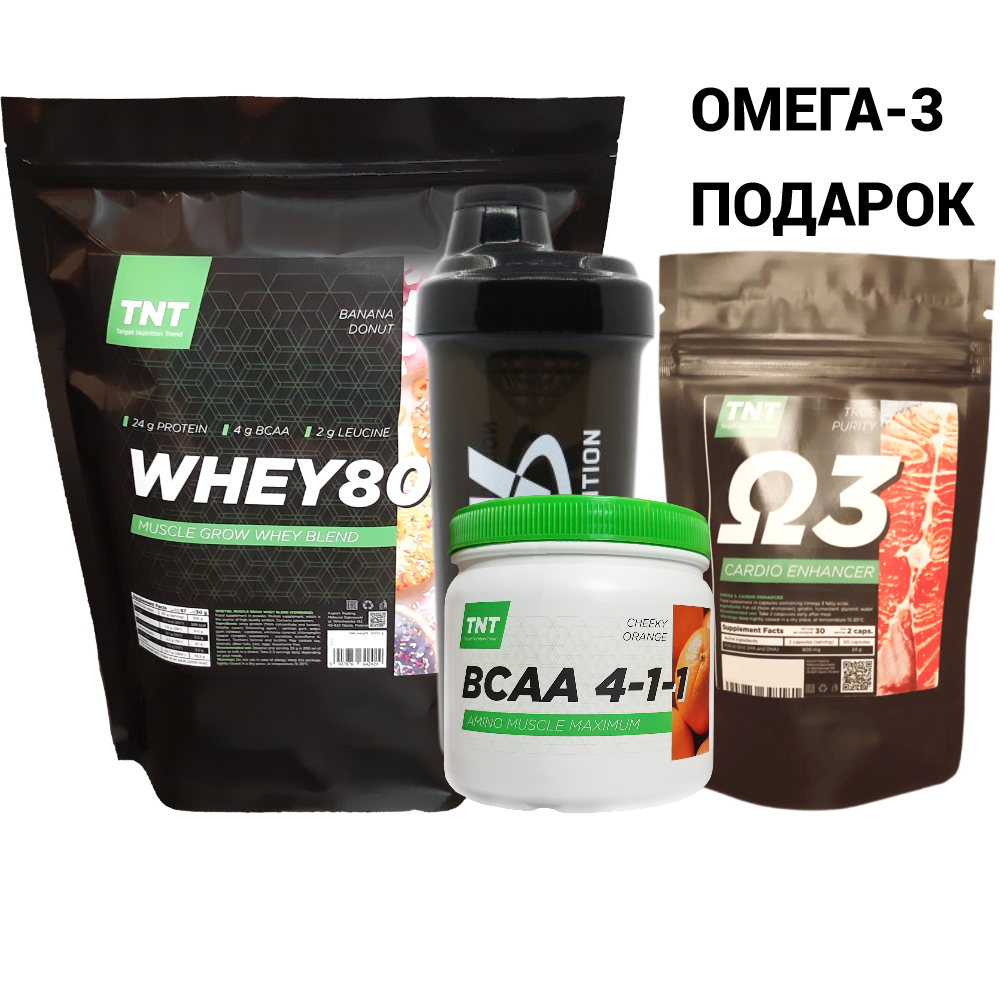 Протеїн 2 кг + BCAA 4:1:1 + Шейкер + Омега-3 у Подарунок TNT Nutrition