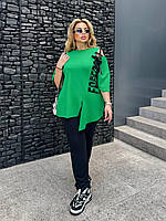 Летний спортивный костюм женский батал прогулочный брючный с футболкой штанами батальный Зеленый, 48/50