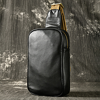 Кожаная мужская сумка бананка нагрудная, барсетка из натуральной кожи черная на грудь PRO_1399
