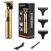 Триммер аккумуляторный для стрижки волос и бороды HC-228 с LED дисплеем + 3 насадки Золотой PRO_375