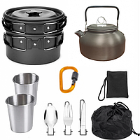 Набор туристической металлической посуды для походов Camping cooking DM 308 с карабином Черный PRO_675