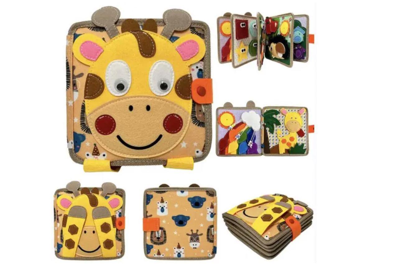 Бізіборд книга Жирафа фетрова, вивчення форм, кольорів, тварин, пальчикові ігри, фото 1