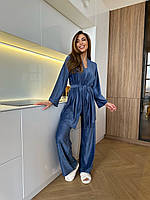 Пижама тройка (халат+майка+брюки) бархат полоска синий