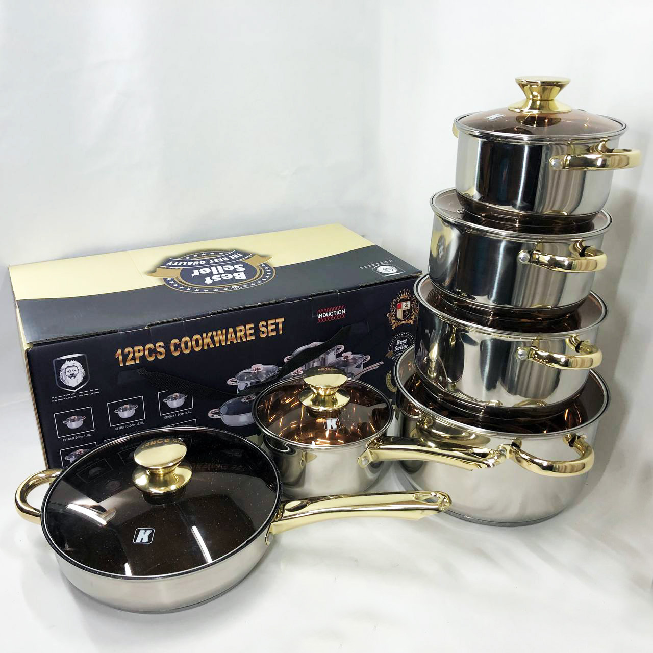 Набір кухонного посуду LB-1105 з нержавіючої сталі та скляними кришками, набори каструль