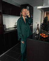 Домашній костюм сорочка + вільні штани шовк Армані темно-зелений